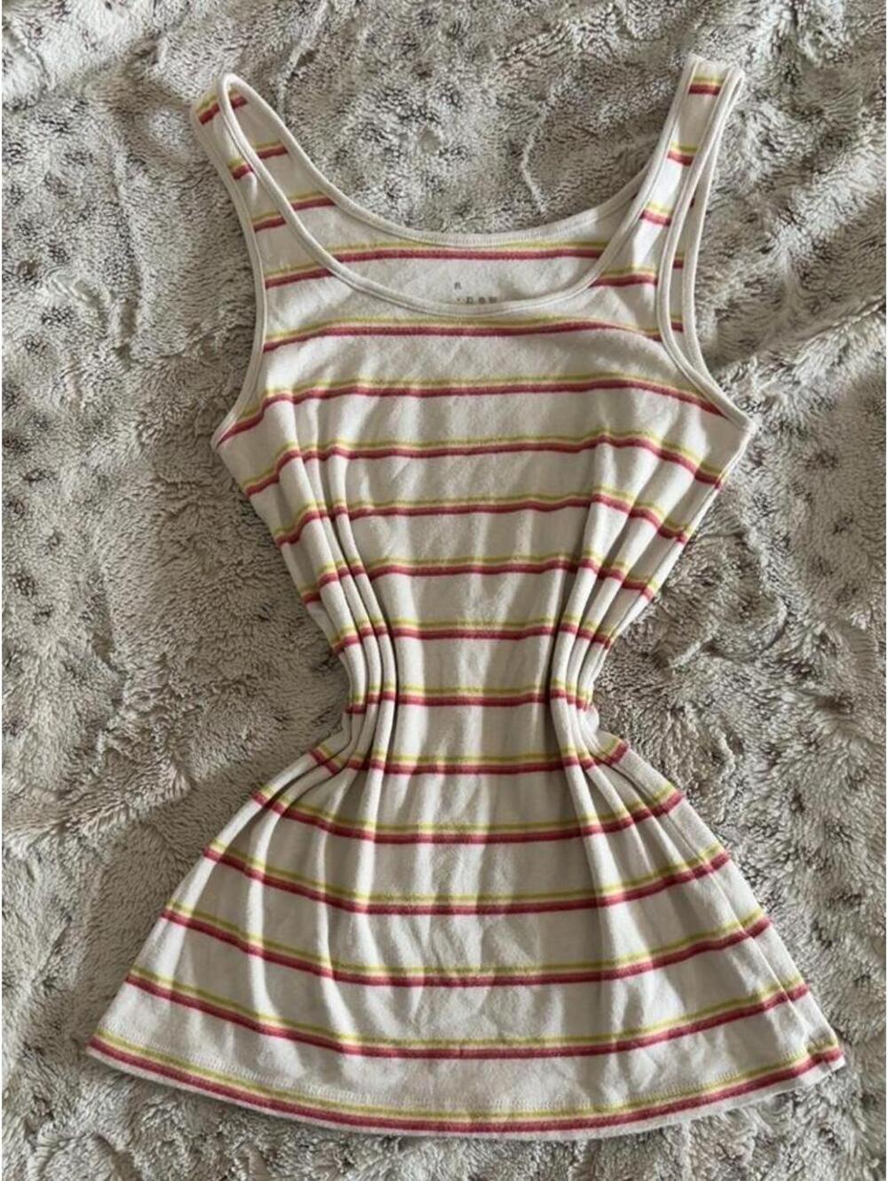 a new day white tank top with horizontal pink and lime stripes